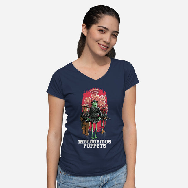 Inglourious Puppets-Womens-V-Neck-Tee-zascanauta