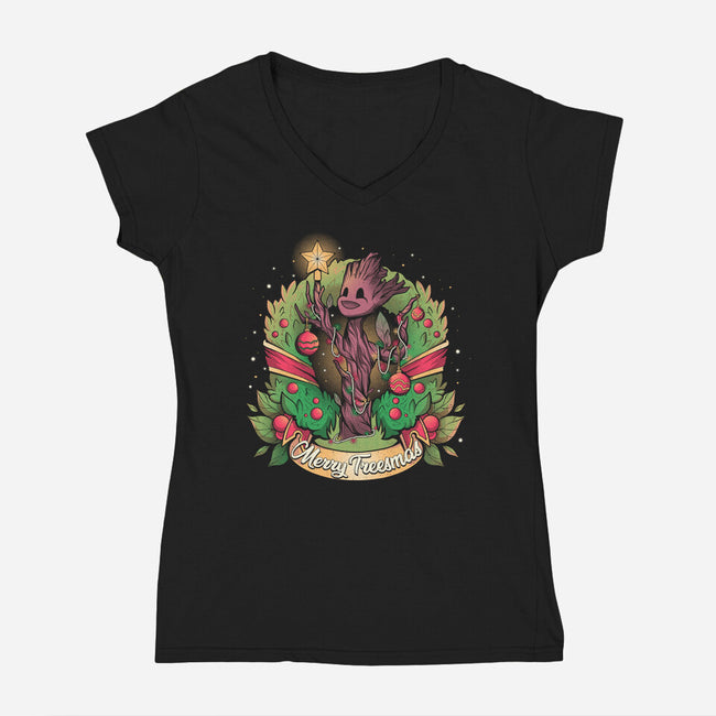 Merry Treesmas-Womens-V-Neck-Tee-yumie