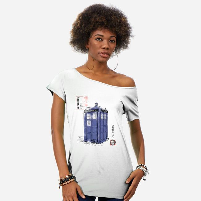 Police Box Sumi-E-Womens-Off Shoulder-Tee-Astrobot Invention