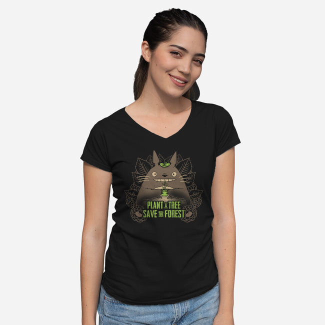 Totoro Plant-Womens-V-Neck-Tee-yumie