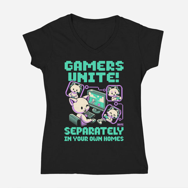 Gamers United-Womens-V-Neck-Tee-worlddominationforcats