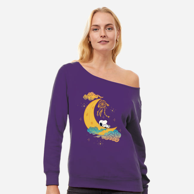 Snoopy Moon-Womens-Off Shoulder-Sweatshirt-MaxoArt