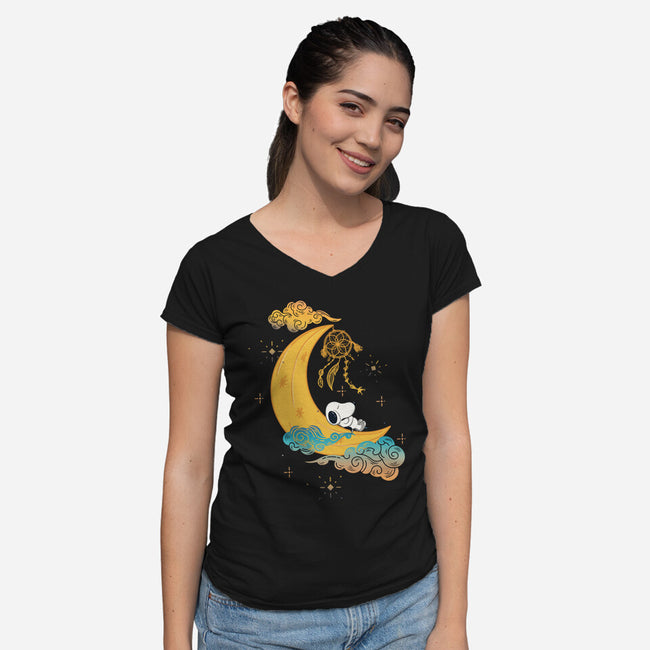 Snoopy Moon-Womens-V-Neck-Tee-MaxoArt