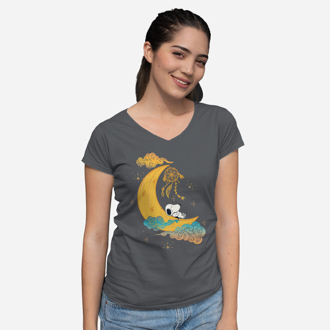 Snoopy Moon-Womens-V-Neck-Tee-MaxoArt