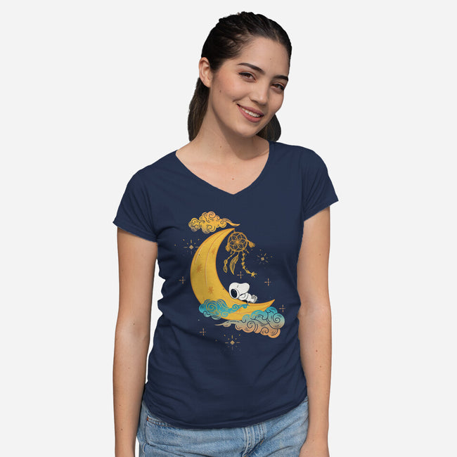 Snoopy Moon-Womens-V-Neck-Tee-MaxoArt