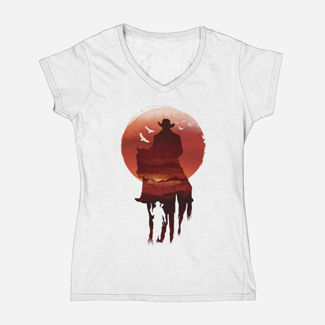 Red Sunset Cowboy-Womens-V-Neck-Tee-dandingeroz