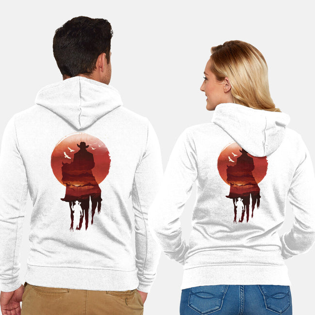 Red Sunset Cowboy-Unisex-Zip-Up-Sweatshirt-dandingeroz