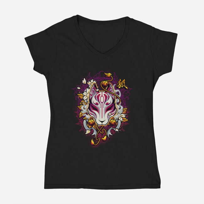 Kitsune Fox Spirit Mask-Womens-V-Neck-Tee-Angoes25