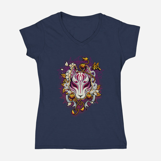 Kitsune Fox Spirit Mask-Womens-V-Neck-Tee-Angoes25