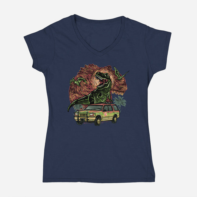 Dino Expedition-Womens-V-Neck-Tee-glitchygorilla