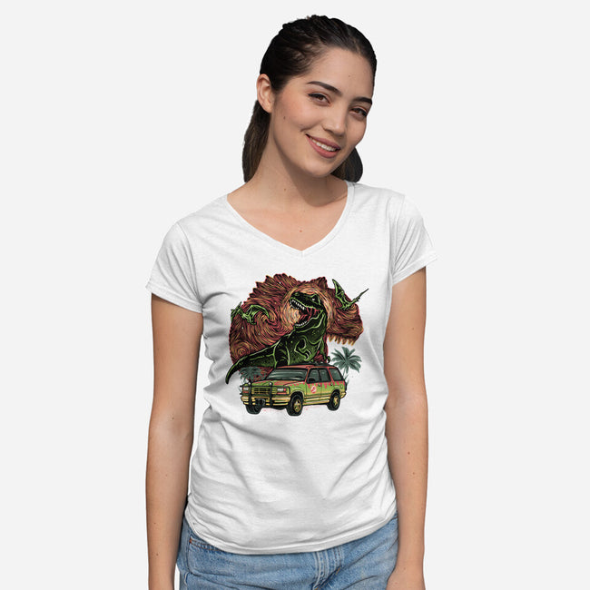 Dino Expedition-Womens-V-Neck-Tee-glitchygorilla