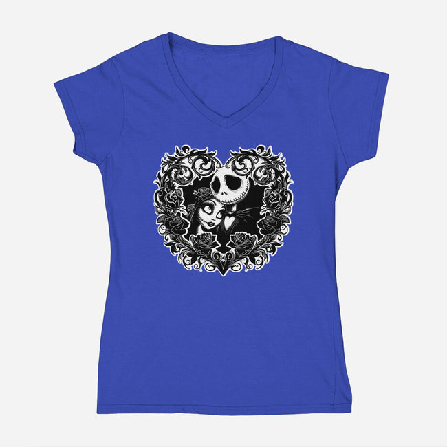 Jack And Sally Love Birds-Womens-V-Neck-Tee-Superblitz