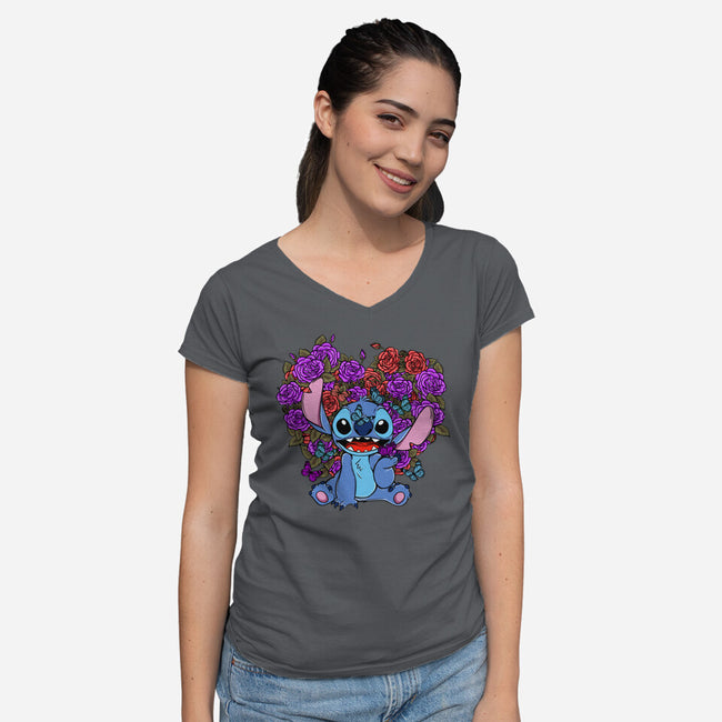 Stitch With Butterfly-Womens-V-Neck-Tee-Superblitz