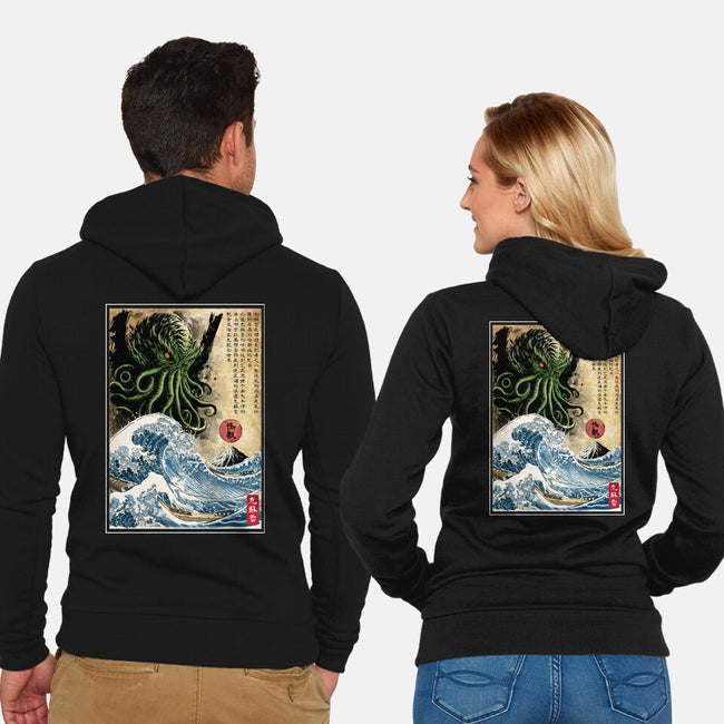 Great Cthulhu In Japan Woodblock-Unisex-Zip-Up-Sweatshirt-DrMonekers