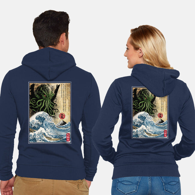 Great Cthulhu In Japan Woodblock-Unisex-Zip-Up-Sweatshirt-DrMonekers