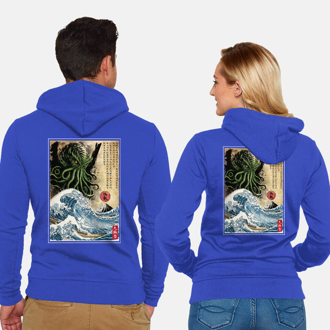 Great Cthulhu In Japan Woodblock-Unisex-Zip-Up-Sweatshirt-DrMonekers