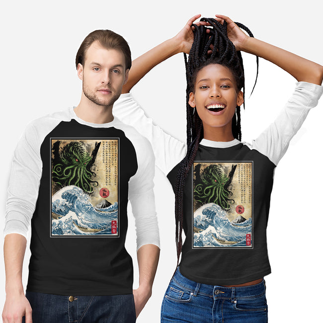 Great Cthulhu In Japan Woodblock-Unisex-Baseball-Tee-DrMonekers