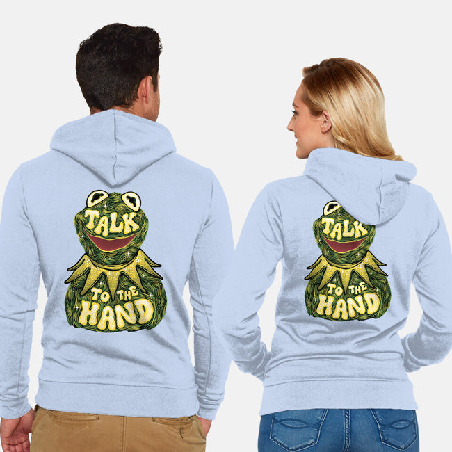 Talk To The Kermit Hand-Unisex-Zip-Up-Sweatshirt-glitchygorilla