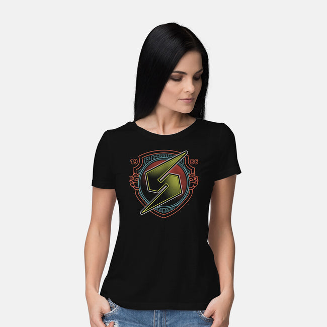 Neon Line-Art Samus Emblem-Womens-Basic-Tee-Astrobot Invention