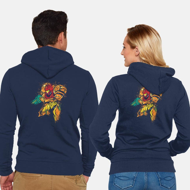 Splattered Bounty Hunter-unisex zip-up sweatshirt-DrMonekers